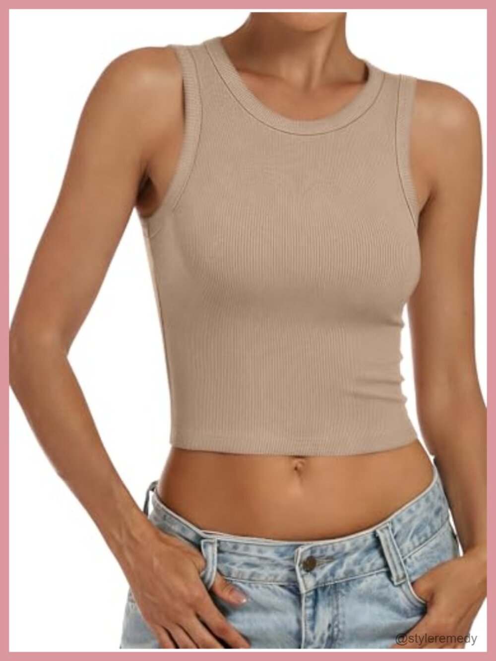 Slim Fit Ribbed Knit Crop Tank Top Sleeveless High Neck Summer Workout Tee - Picture 5 of 6